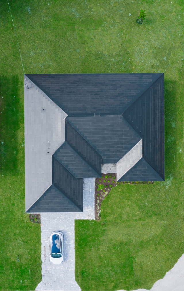 Top-down aerial of a completed Tesla Solar Roof